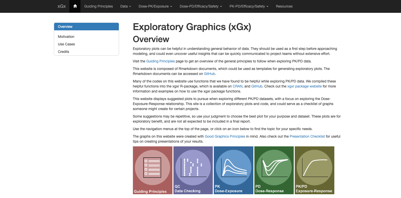 The xGx website: navigation bar, the Exploratory Graphics overview, and the row of topic icons.